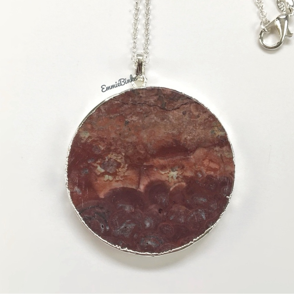 New 925 Sterling Silver Red Mexican Happy Lace Agate Slice Pendant Necklace - Picture 2 of 14